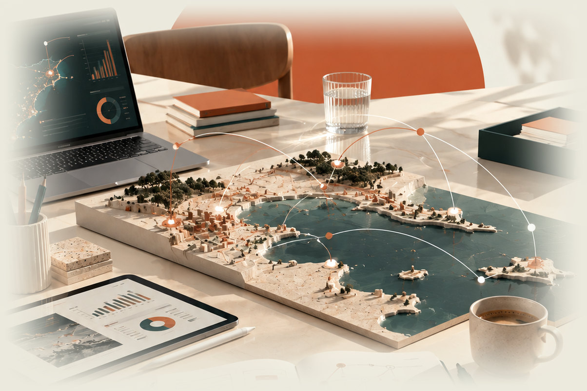 Une table de travail couverte d'une carte annotée, de documents et de notes, devant un demi-soleil terracotta
