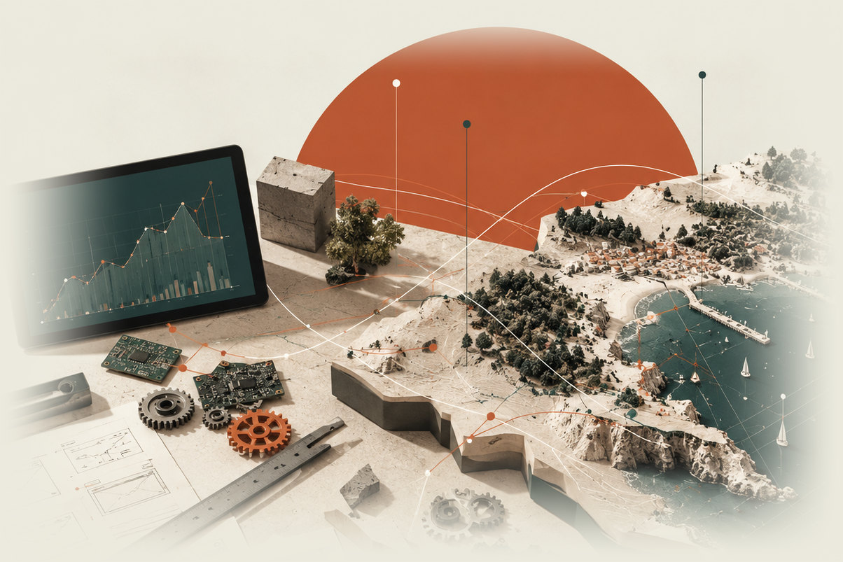 Établi de travail : tablette d'analyse, maquette de territoire, cartes et circuits imprimés